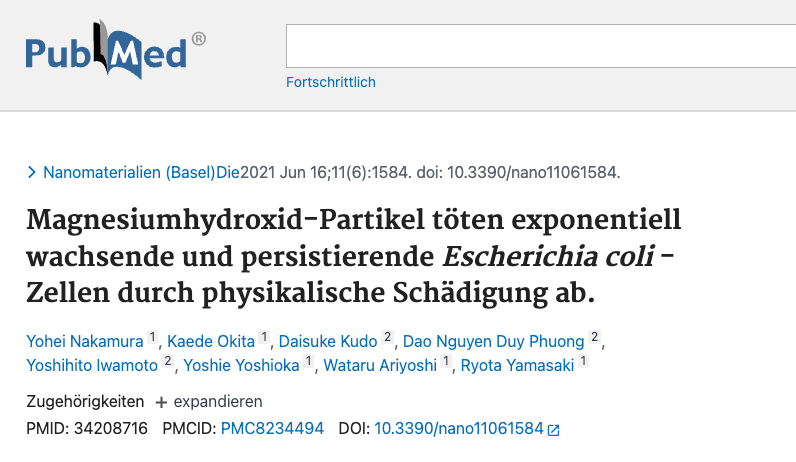 PubMed: Magnesiumhydroxid-Partikel töten Bakterienzellen durch physikalische Schädigung