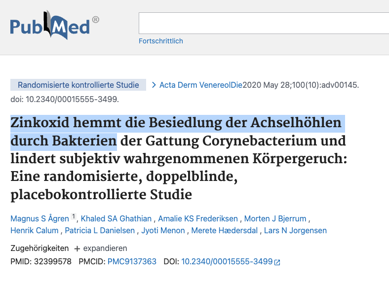 PubMed: Zinkoxid hemmt die Besiedlung der Achselhöhlen durch Corynebakterien
